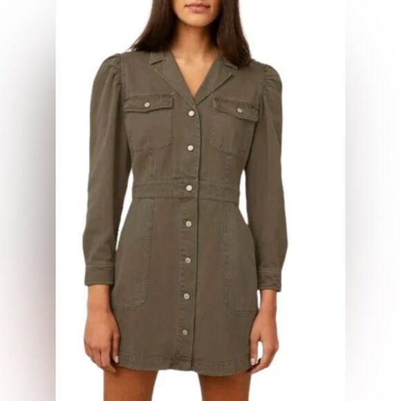 Rails Lisette Denim Twill Mini Dress Button Up Puff Sleeve Moss XS - Picture 2 of 12
